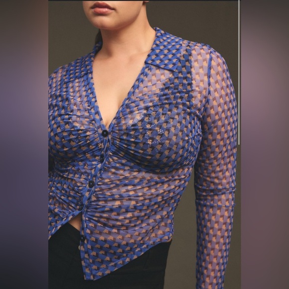 Anthropologie Maeve Sheer Ruched Buttondown Blouse - Picture 4 of 9